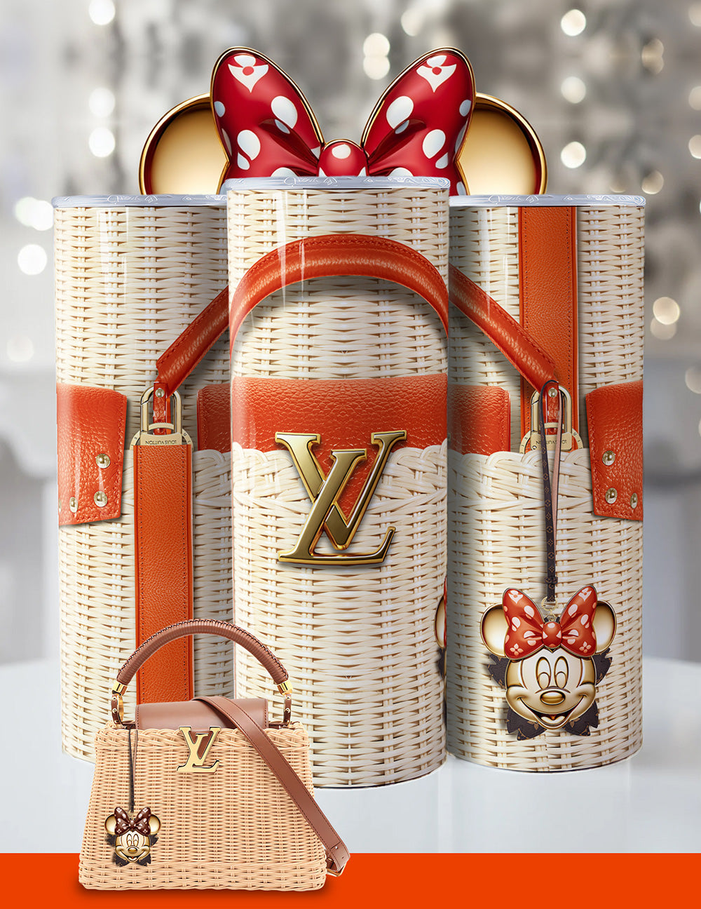 Luxury Minnie-Inspired LV Tumbler – Wicker Look, Designer-Inspired, Bling 20oz Cup