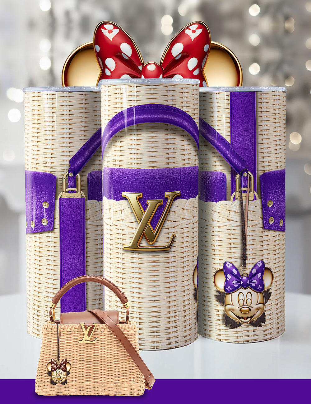 Luxury Minnie-Inspired LV Tumbler – Wicker Look, Designer-Inspired, Bling 20oz Cup