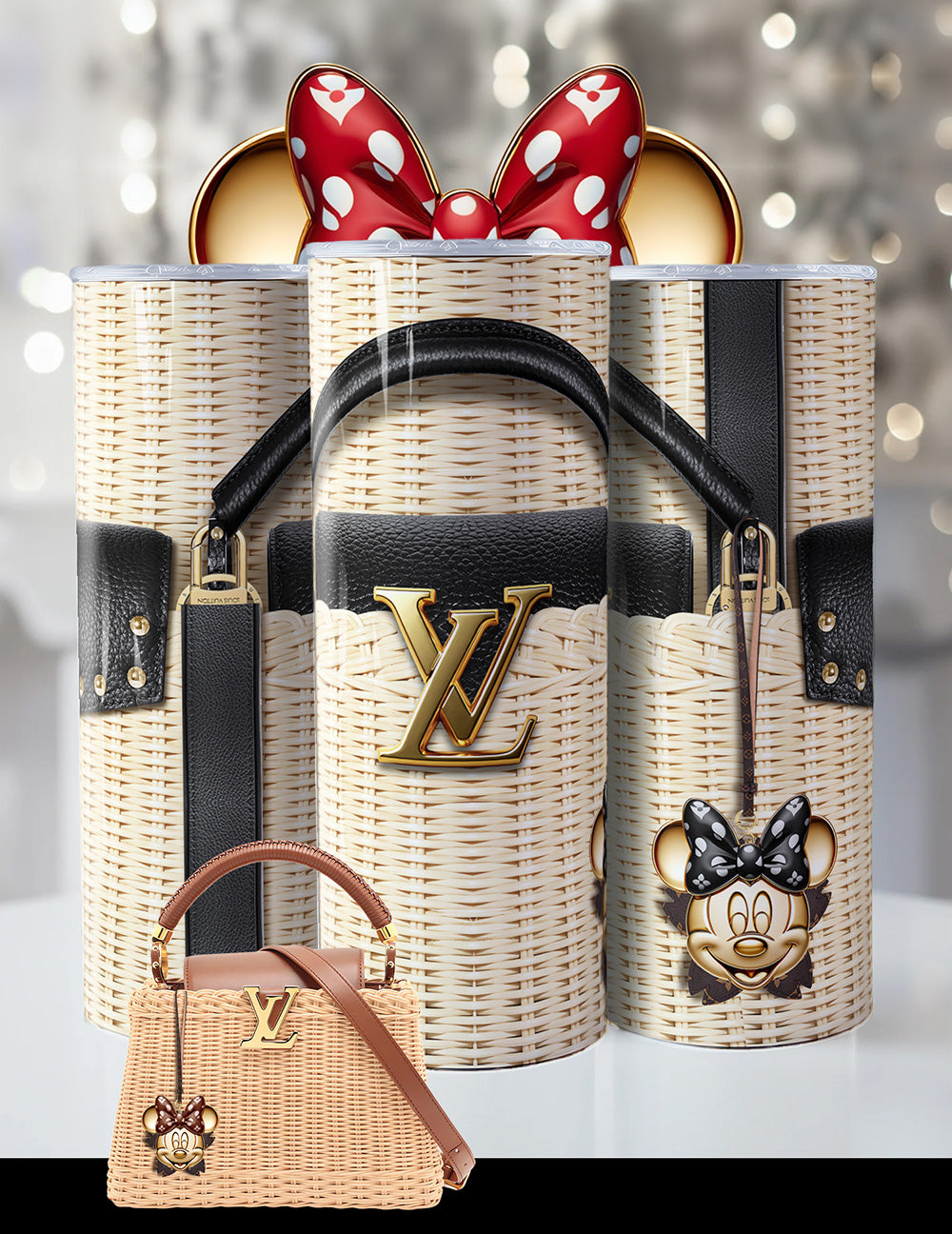 Luxury Minnie-Inspired LV Tumbler – Wicker Look, Designer-Inspired, Bling 20oz Cup