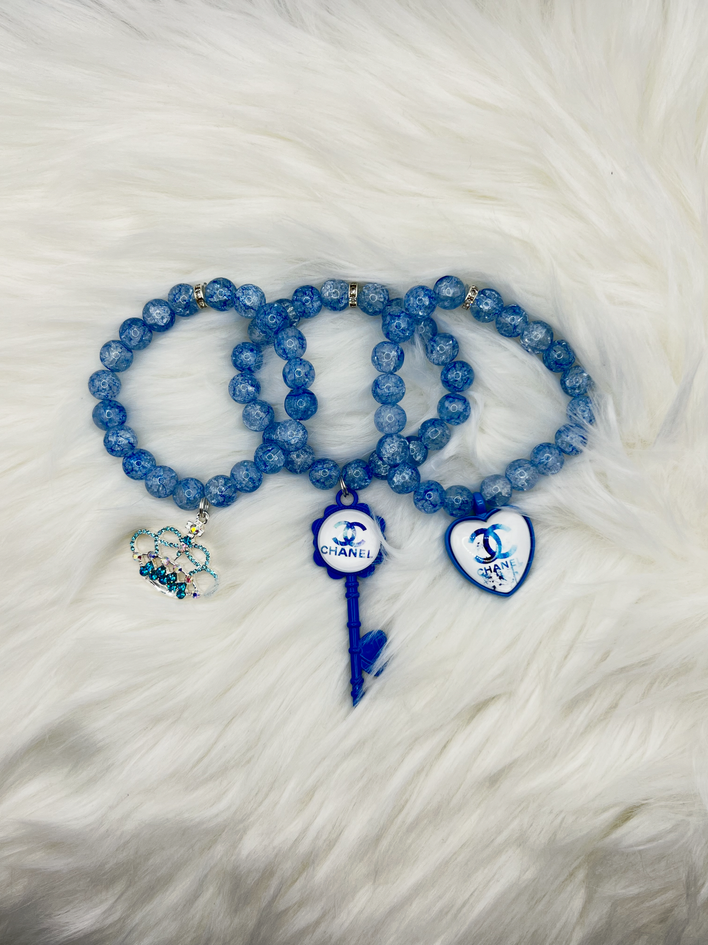 Luxury Blue Beaded Bracelet Set – 3-Piece Handmade Jewelry with Chanel Charms