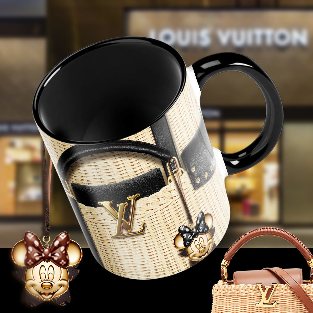 Luxury LV-Inspired Black Rattan Sublimation Mug with Minnie Charm