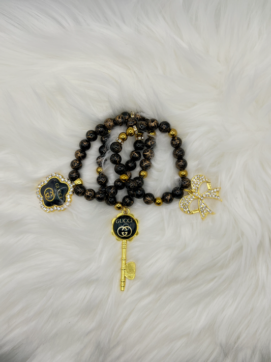 Black & Gold Luxury Beaded Bracelet Set – 3-Piece Handmade Jewelry with Gucci Charms