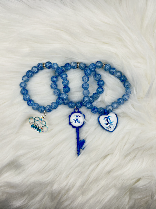 Luxury Blue Beaded Bracelet Set – 3-Piece Handmade Jewelry with Chanel Charms
