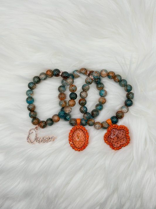 Orange & Teal Luxury Beaded Bracelet Set – Louis Vuitton & Queen Charms – Handmade Fashion Jewelry