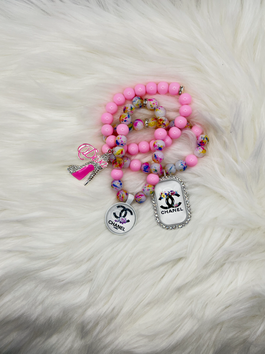 Luxury Pink Beaded Bracelet Set – 3-Piece Handmade Jewelry with Chanel & Diva Charms