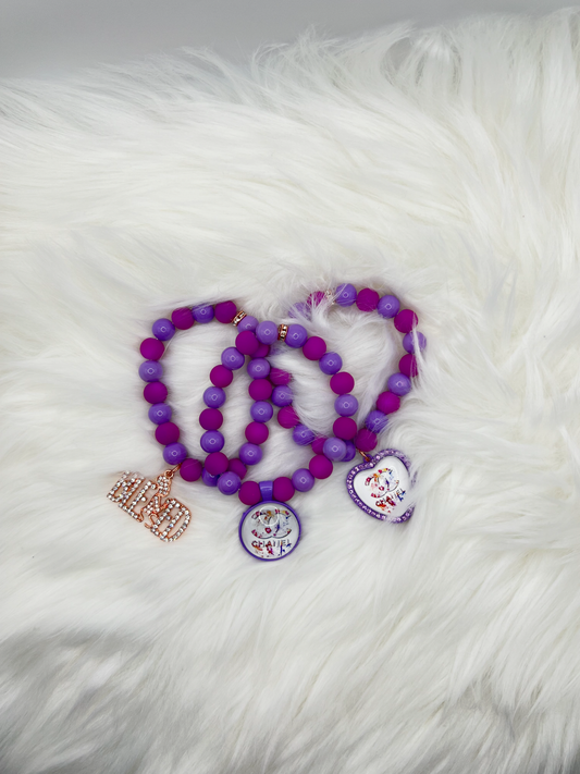 Purple Beaded Bracelet Set – 3-Piece Handmade Jewelry with Logo Charms & Word Pendant
