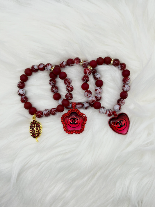 Elegant Red Beaded Bracelet Set – 3-Piece Handmade Jewelry with Leaf & Chanel Charms
