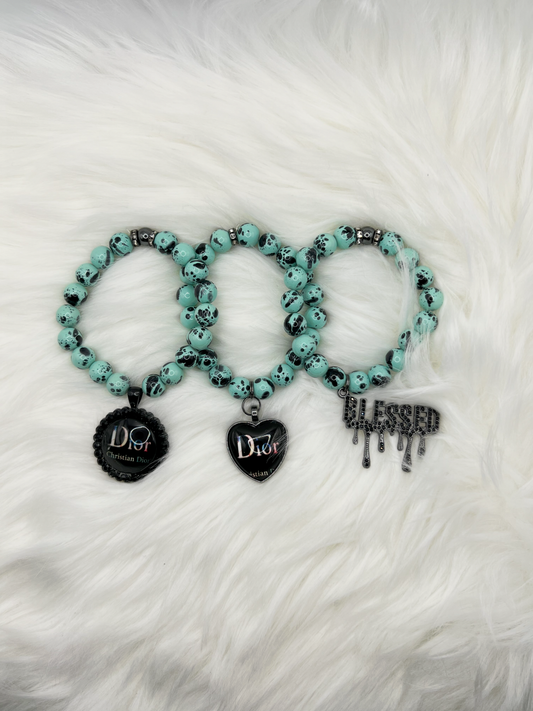 Teal & Black Dior Charm Beaded Bracelet Set – Luxury Fashion Jewelry, Blessed Statement Piece