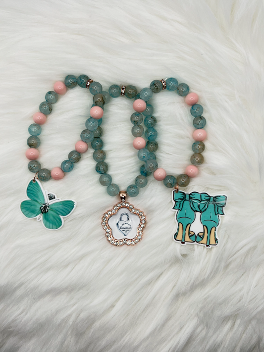 Elegant Teal & Pink Beaded Bracelet Set with Butterfly, Tiffany & Co., and High Heel Charms
