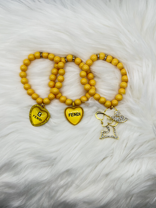 Yellow Luxury Beaded Bracelet Set – 3-Piece Handmade Jewelry with Fendi Charms